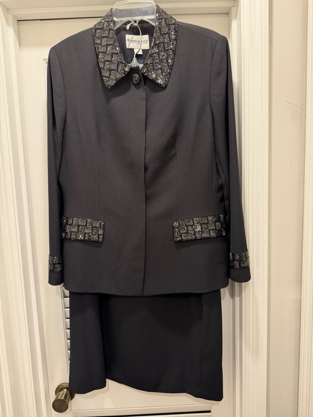 John Meyer of Norwich Women's Black Skirt Suit Metallic Trim Jacket Vintage